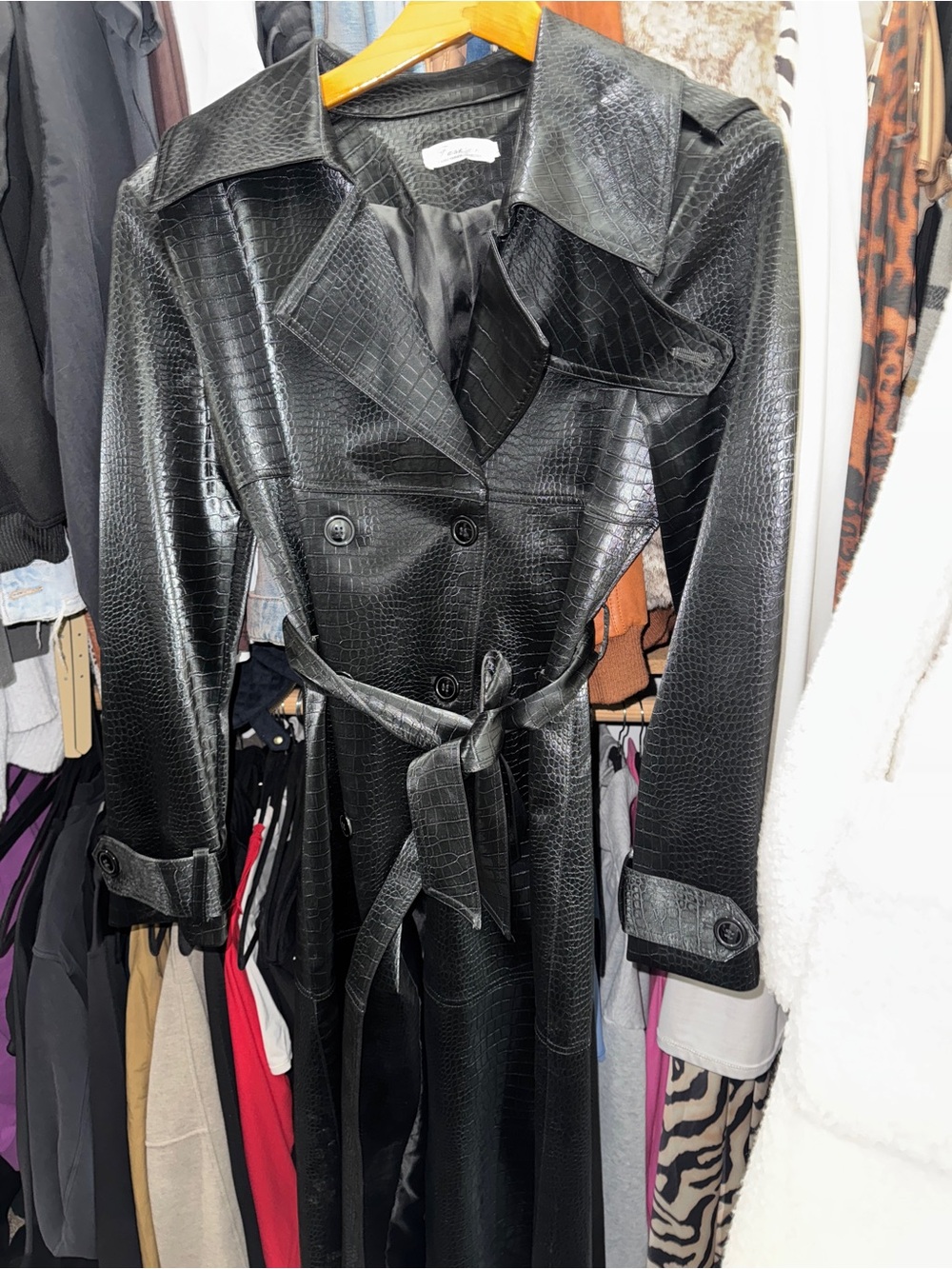 Black Faux-Croc Trench Coat - Brand Unknown